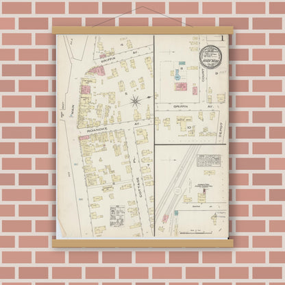 Old map wall art mockup — magnetic wood frame on brick wall — Sanborn Fire Insurance Map from Riverhead, Suffolk County, New York (1885) - Complete Map Set