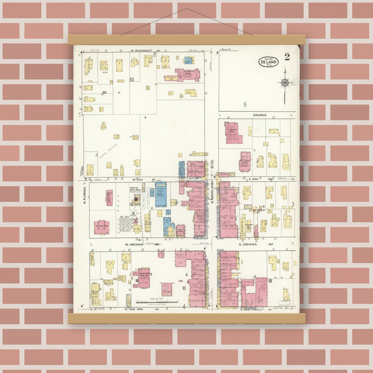 Old map wall art mockup — magnetic wood frame on brick wall — Sanborn Fire Insurance Map from De Land, Volusia County, Florida (1921), Sheet #0002