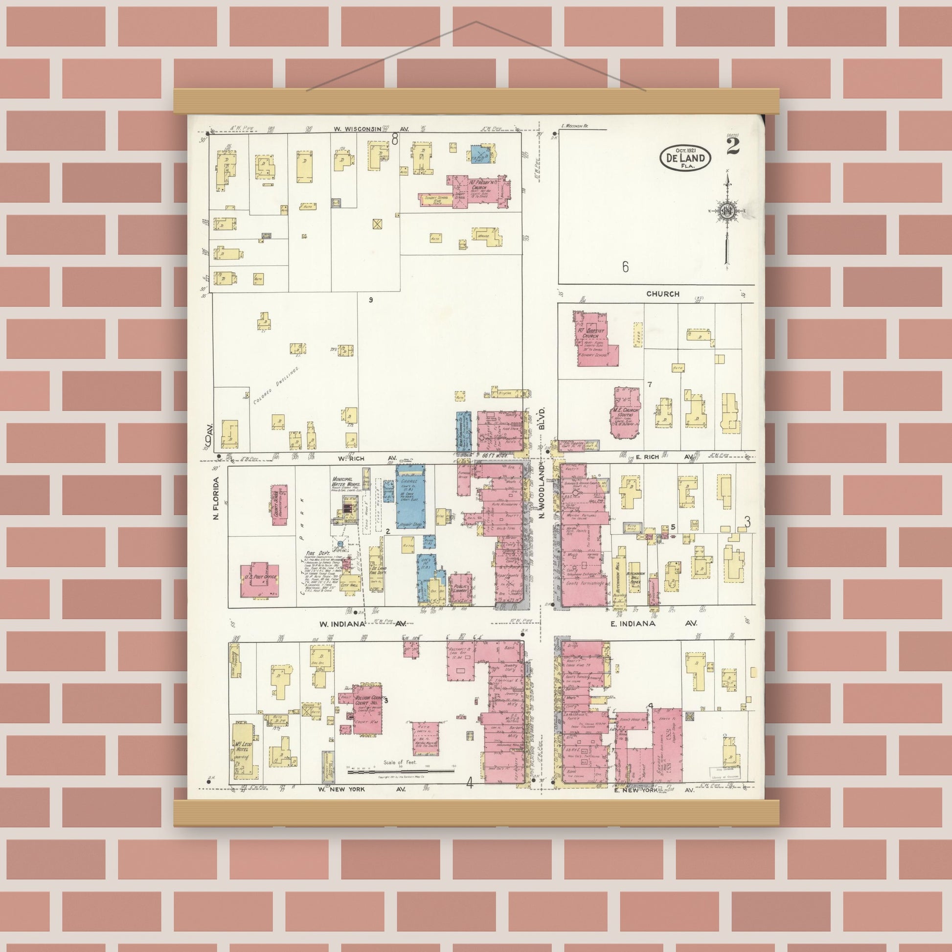 Old map wall art mockup — magnetic wood frame on brick wall — Sanborn Fire Insurance Map from De Land, Volusia County, Florida (1921), Sheet #0002