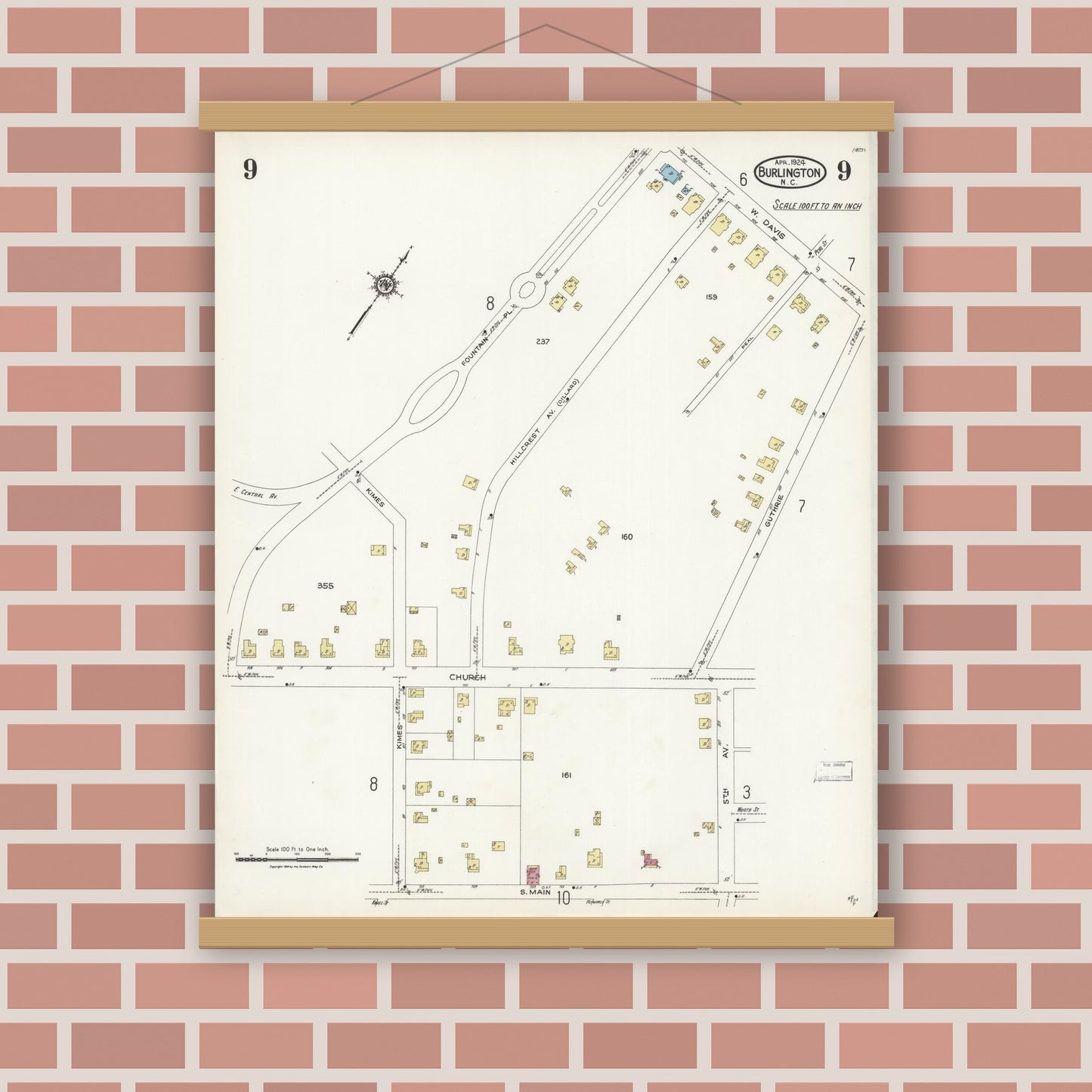Old map wall art mockup — magnetic wood frame on brick wall — Sanborn Fire Insurance Map from Burlington, Alamance County, North Carolina (1924), Sheet #0009