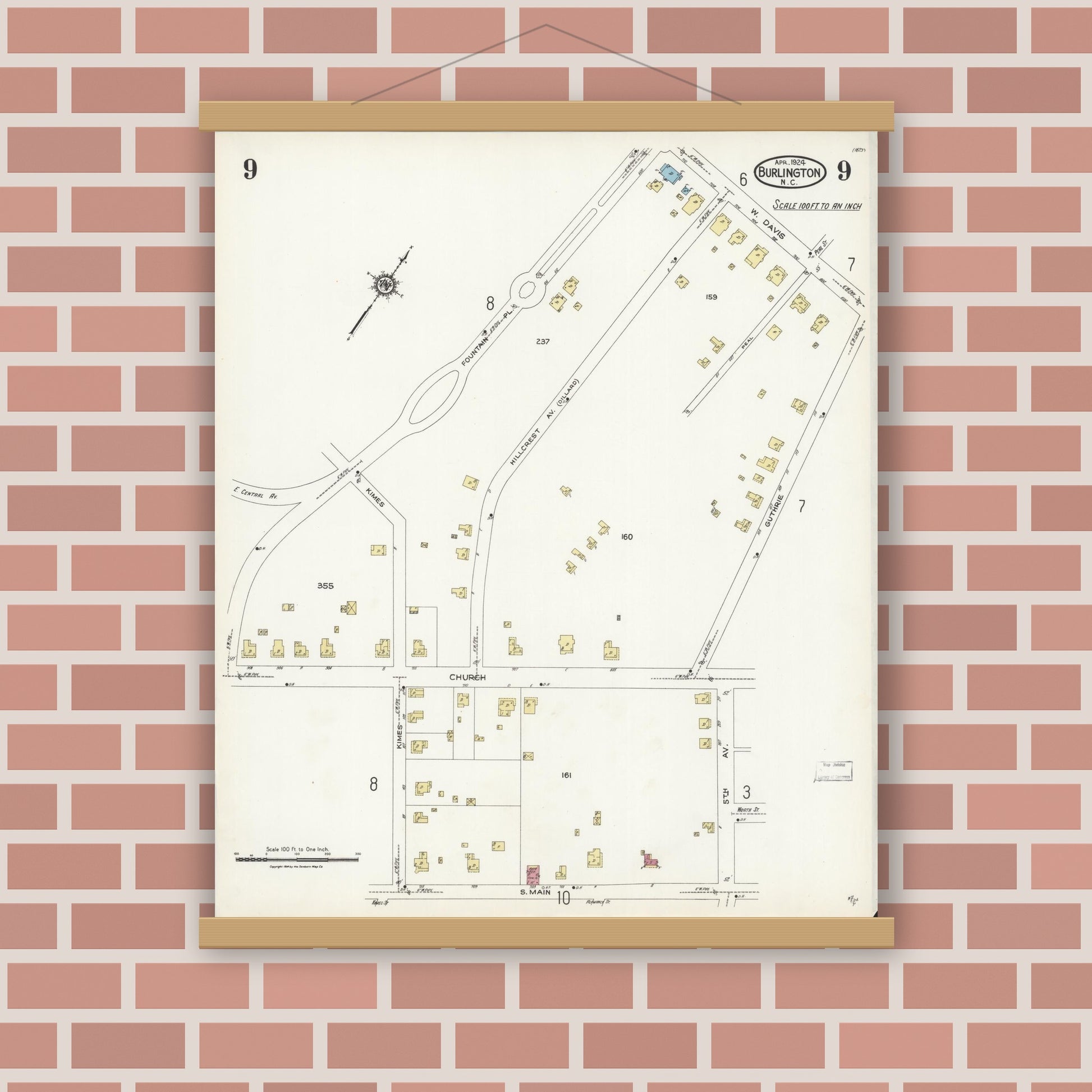 Old map wall art mockup — magnetic wood frame on brick wall — Sanborn Fire Insurance Map from Burlington, Alamance County, North Carolina (1924), Sheet #0009