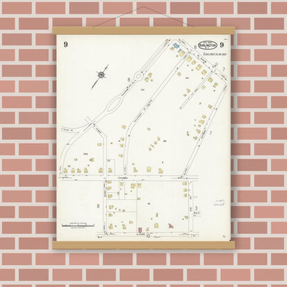 Old map wall art mockup — magnetic wood frame on brick wall — Sanborn Fire Insurance Map from Burlington, Alamance County, North Carolina (1924), Sheet #0009