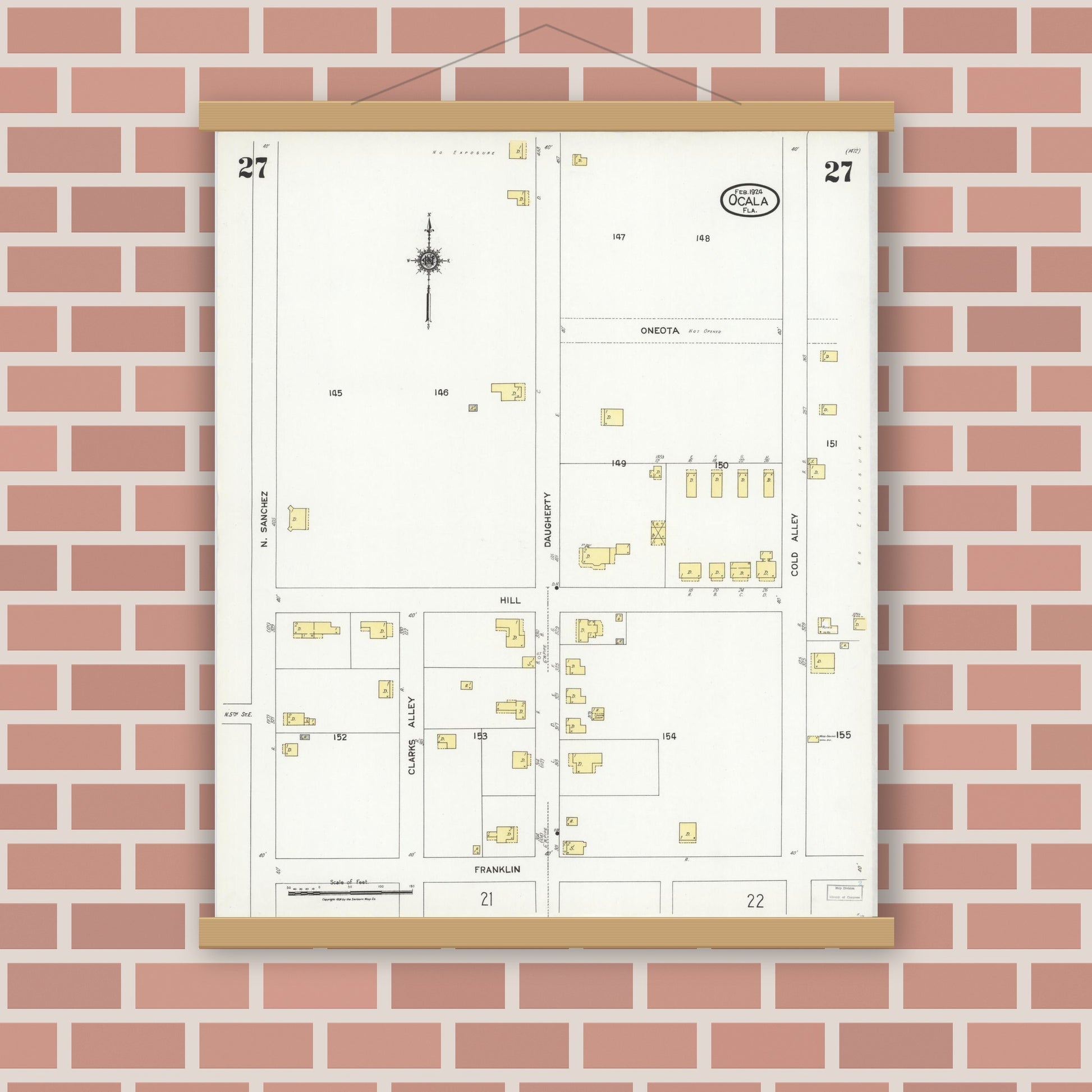 Old map wall art mockup — magnetic wood frame on brick wall — Sanborn Fire Insurance Map from Ocala, Marion County, Florida (1924), Sheet #0027