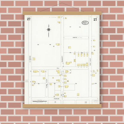 Old map wall art mockup — magnetic wood frame on brick wall — Sanborn Fire Insurance Map from Ocala, Marion County, Florida (1924), Sheet #0027
