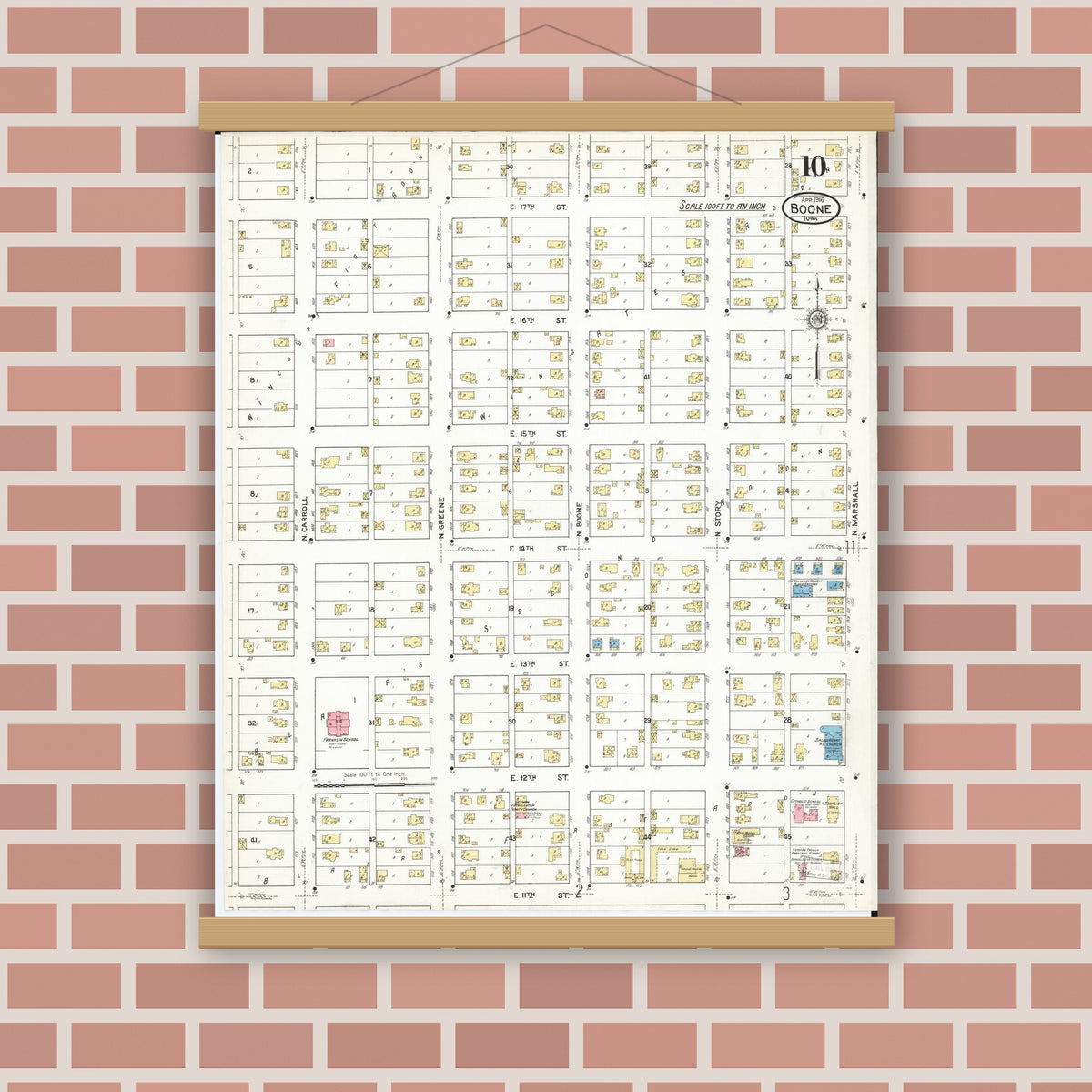 Old map wall art mockup — magnetic wood frame on brick wall — Sanborn Fire Insurance Map from Boone, Boone County, Iowa (1916), Sheet #0010