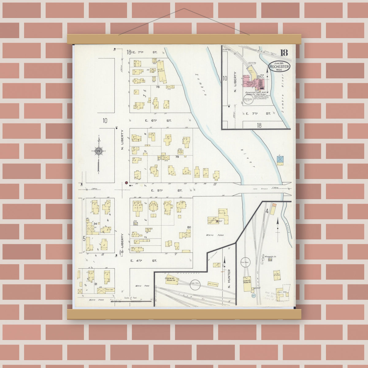 Old map wall art mockup — magnetic wood frame on brick wall — Sanborn Fire Insurance Map from Rochester, Olmsted County, Minnesota (1914), Sheet #0018