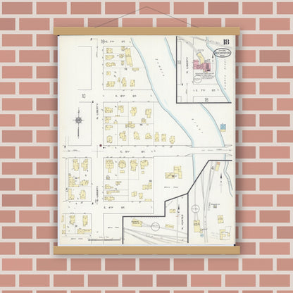 Old map wall art mockup — magnetic wood frame on brick wall — Sanborn Fire Insurance Map from Rochester, Olmsted County, Minnesota (1914), Sheet #0018