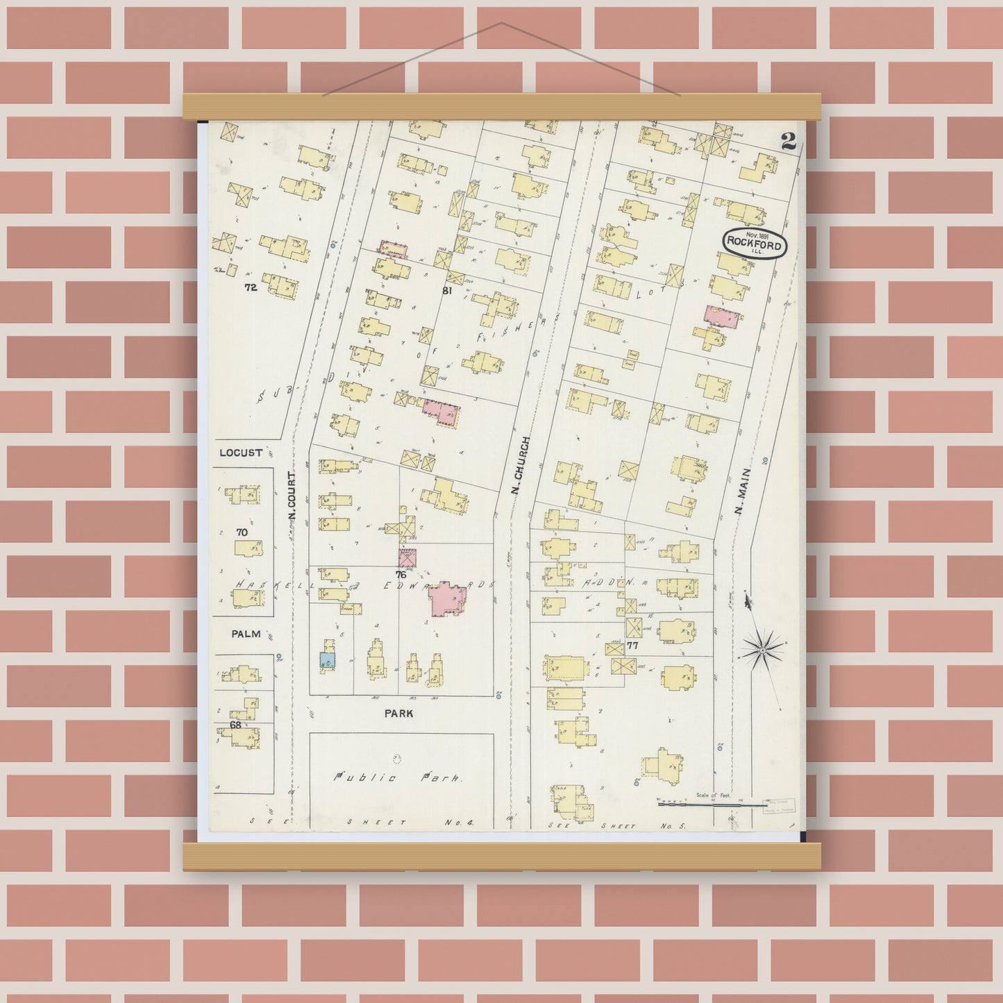 Old map wall art mockup — magnetic wood frame on brick wall — Sanborn Fire Insurance Map from Rockford, Winnebago County, Illinois (1891), Sheet #0002
