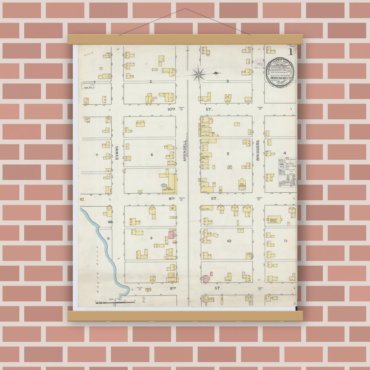 Old map wall art mockup — magnetic wood frame on brick wall — Sanborn Fire Insurance Map from Morehead City, Carteret County, North Carolina (1893), Sheet #0001