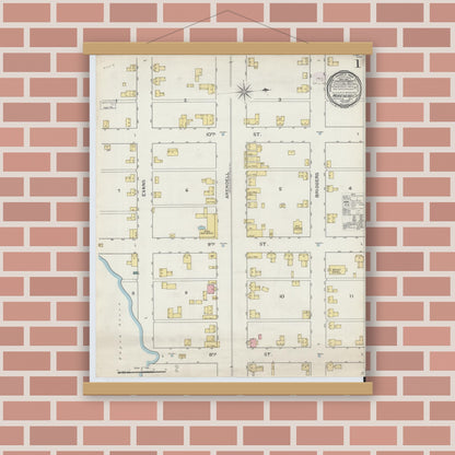 Old map wall art mockup — magnetic wood frame on brick wall — Sanborn Fire Insurance Map from Morehead City, Carteret County, North Carolina (1893), Sheet #0001