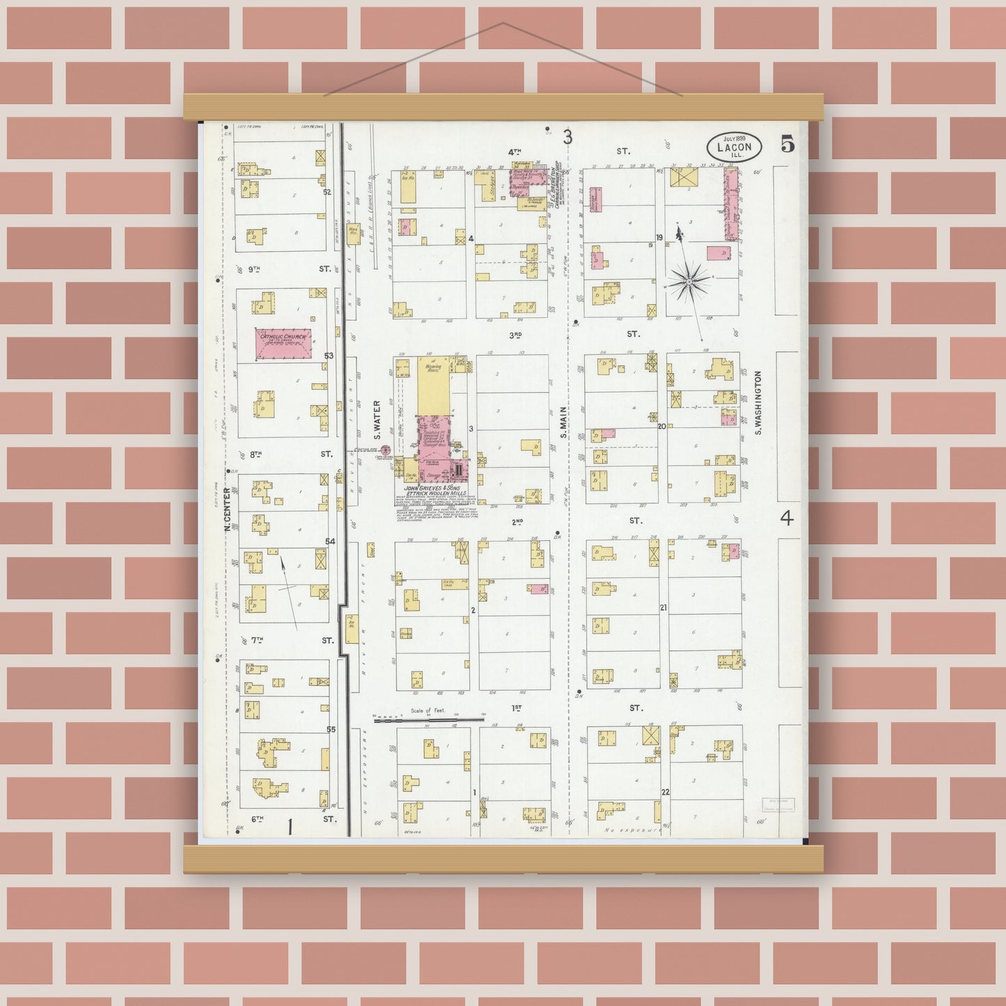 Old map wall art mockup — magnetic wood frame on brick wall — Sanborn Fire Insurance Map from Lacon, Marshall County, Illinois (1899), Sheet #0005