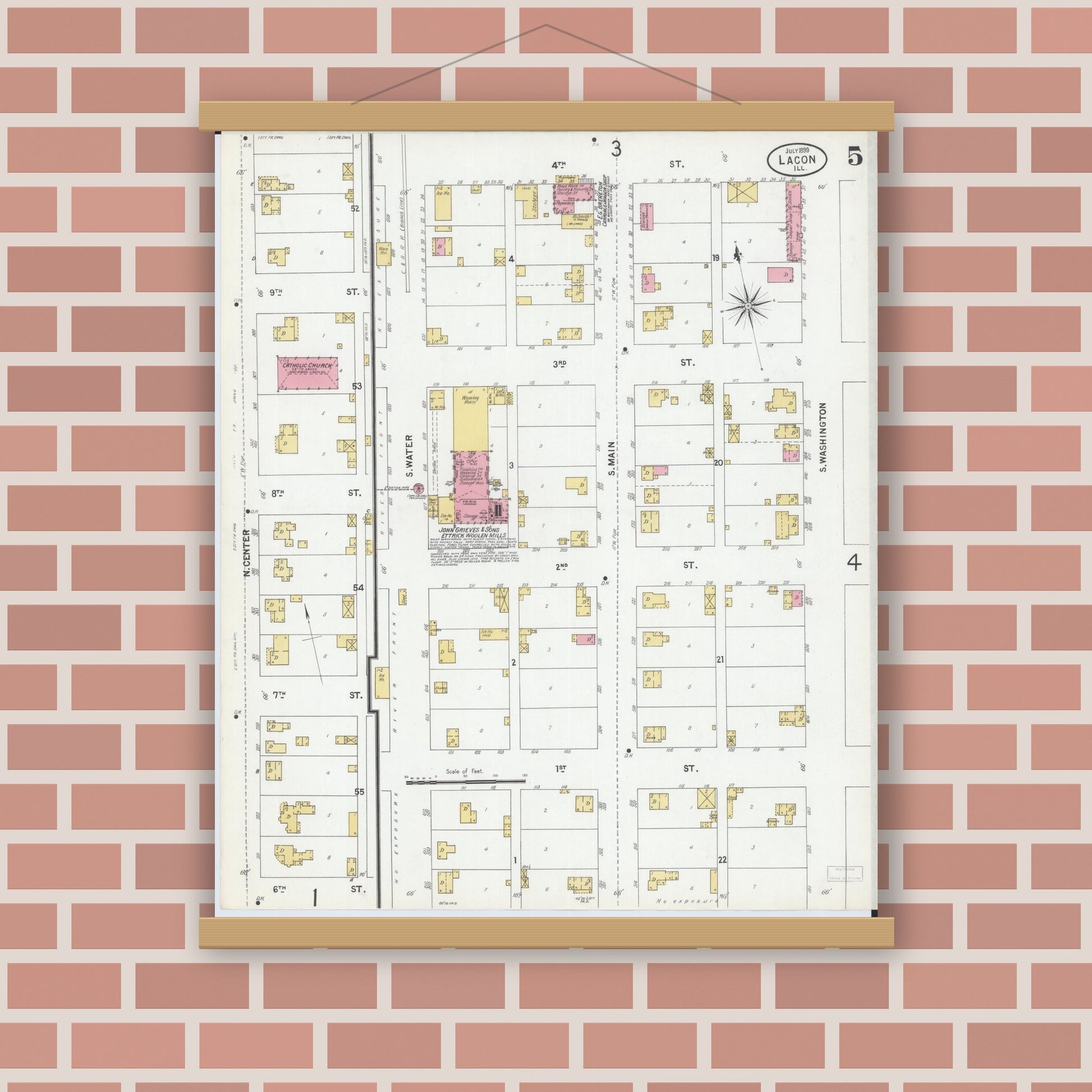 Old map wall art mockup — magnetic wood frame on brick wall — Sanborn Fire Insurance Map from Lacon, Marshall County, Illinois (1899), Sheet #0005
