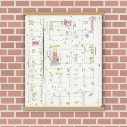 Old map wall art mockup — magnetic wood frame on brick wall — Sanborn Fire Insurance Map from Lacon, Marshall County, Illinois (1899), Sheet #0005