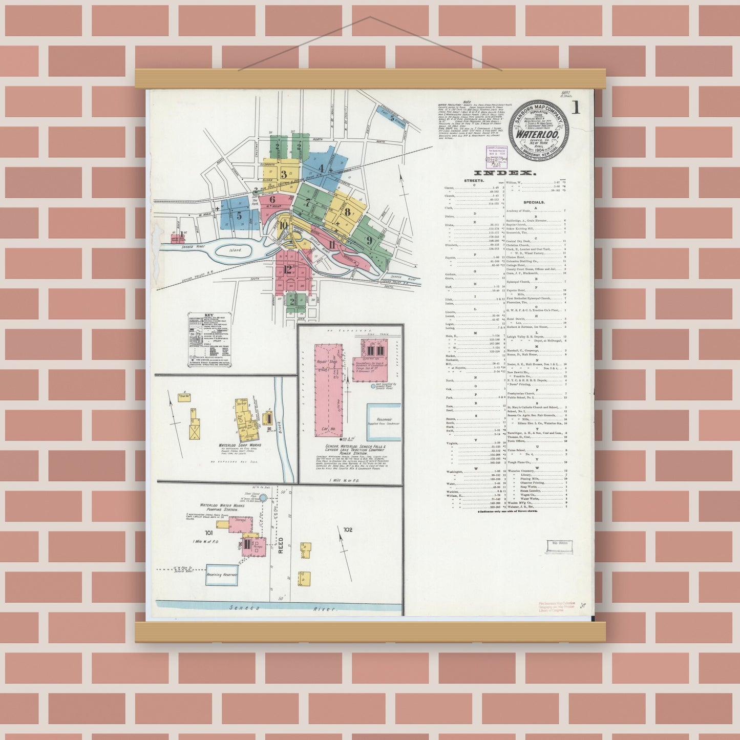 Old map wall art mockup — magnetic wood frame on brick wall — Sanborn Fire Insurance Map from Waterloo, Seneca County, New York (1904) - Complete Map Set