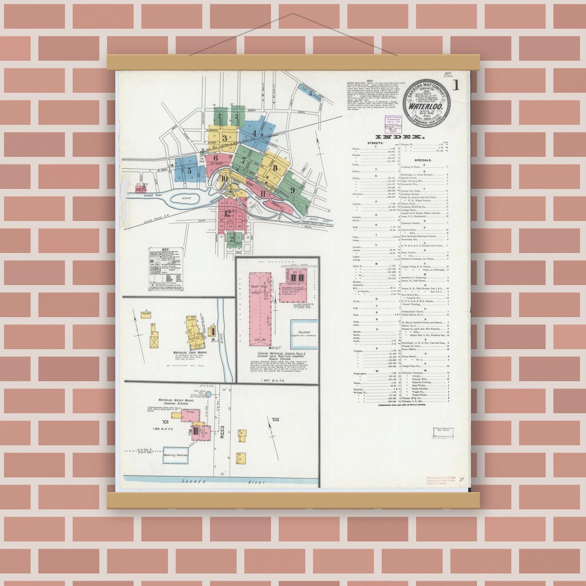 Old map wall art mockup — magnetic wood frame on brick wall — Sanborn Fire Insurance Map from Waterloo, Seneca County, New York (1904) - Complete Map Set