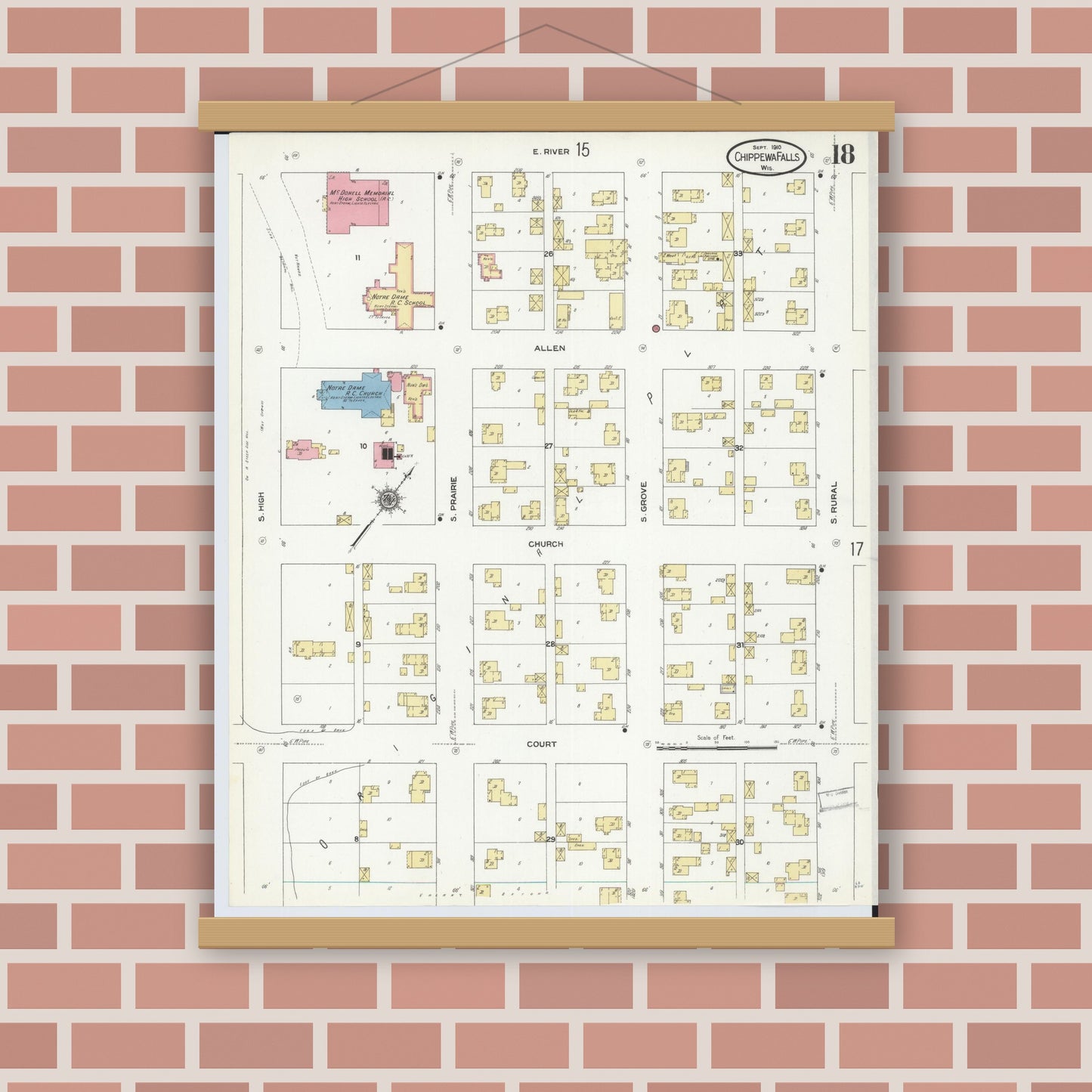 Old map wall art mockup — magnetic wood frame on brick wall — Sanborn Fire Insurance Map from Chippewa Falls, Chippewa County, Wisconsin (1910), Sheet #0018