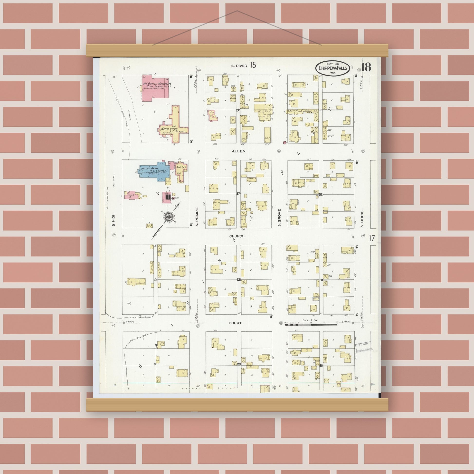 Old map wall art mockup — magnetic wood frame on brick wall — Sanborn Fire Insurance Map from Chippewa Falls, Chippewa County, Wisconsin (1910), Sheet #0018