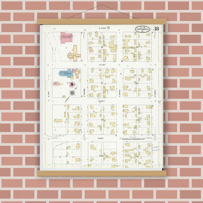 Old map wall art mockup — magnetic wood frame on brick wall — Sanborn Fire Insurance Map from Chippewa Falls, Chippewa County, Wisconsin (1910), Sheet #0018