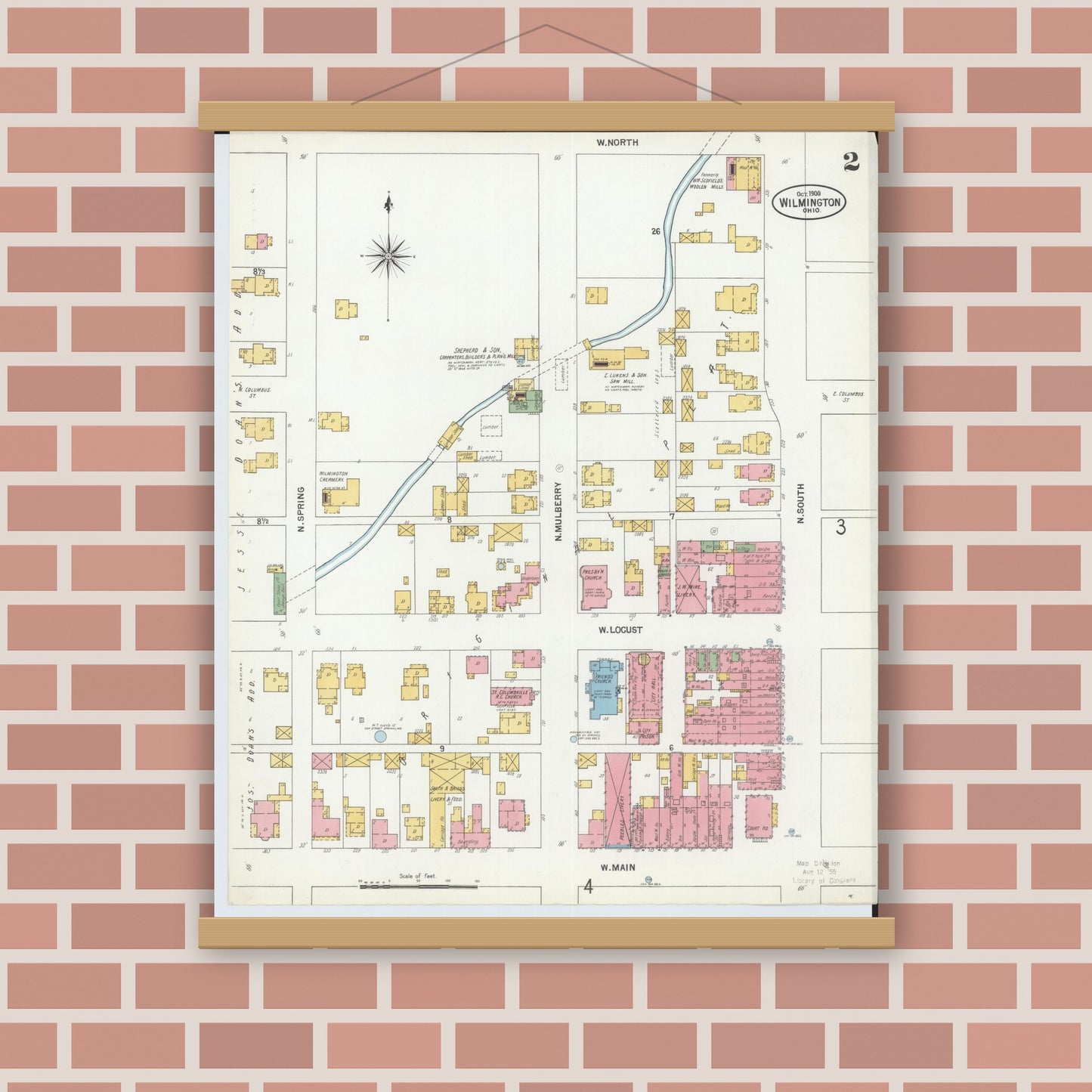 Old map wall art mockup — magnetic wood frame on brick wall — Sanborn Fire Insurance Map from Wilmington, Clinton County, Ohio (1900), Sheet #0002
