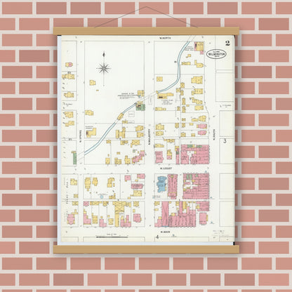 Old map wall art mockup — magnetic wood frame on brick wall — Sanborn Fire Insurance Map from Wilmington, Clinton County, Ohio (1900), Sheet #0002