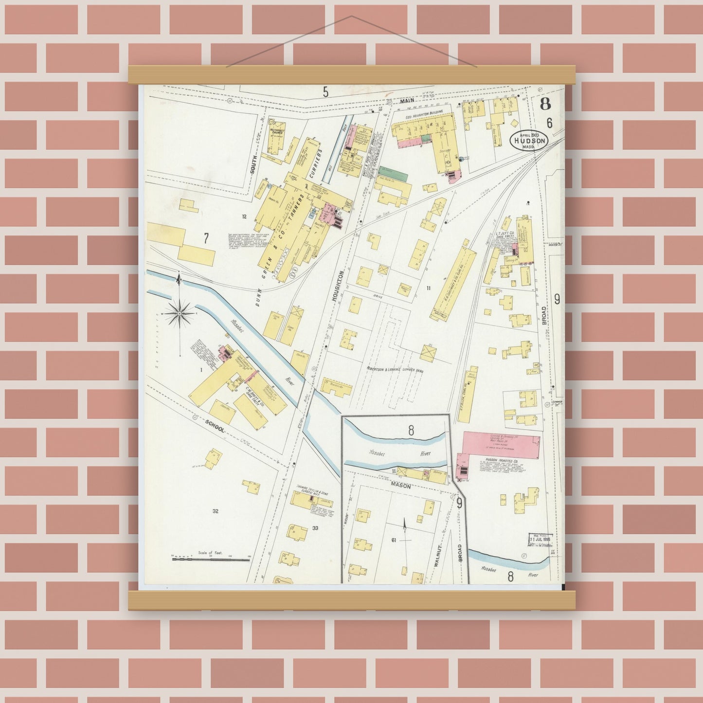 Old map wall art mockup — magnetic wood frame on brick wall — Sanborn Fire Insurance Map from Hudson, Middlesex County, Massachusetts (1903), Sheet #0007