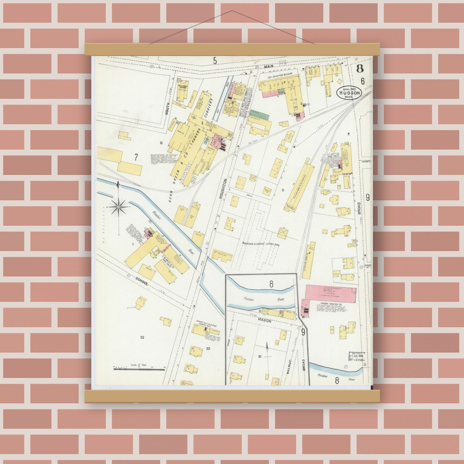 Old map wall art mockup — magnetic wood frame on brick wall — Sanborn Fire Insurance Map from Hudson, Middlesex County, Massachusetts (1903), Sheet #0007