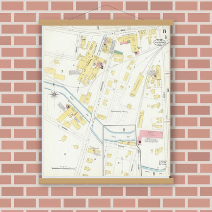 Old map wall art mockup — magnetic wood frame on brick wall — Sanborn Fire Insurance Map from Hudson, Middlesex County, Massachusetts (1903), Sheet #0007
