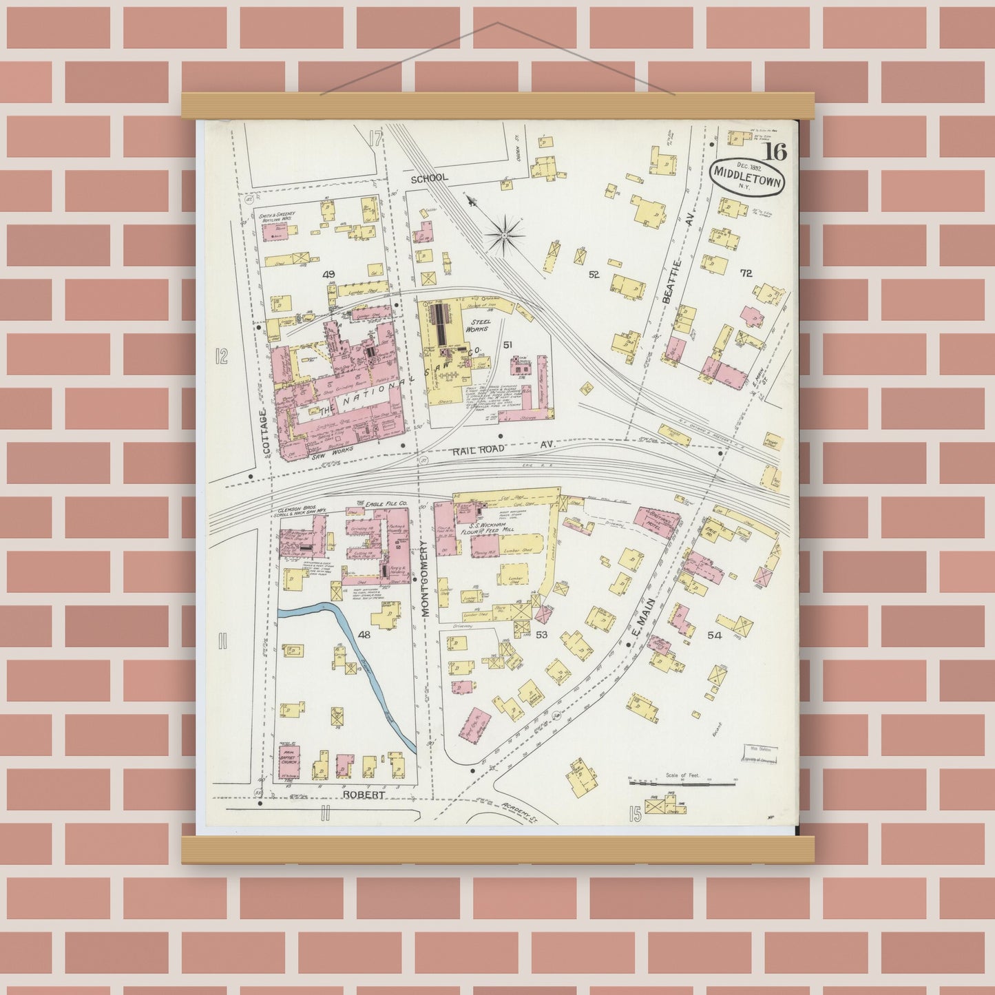 Old map wall art mockup — magnetic wood frame on brick wall — Sanborn Fire Insurance Map from Middletown, Orange County, New York (1892), Sheet #0016