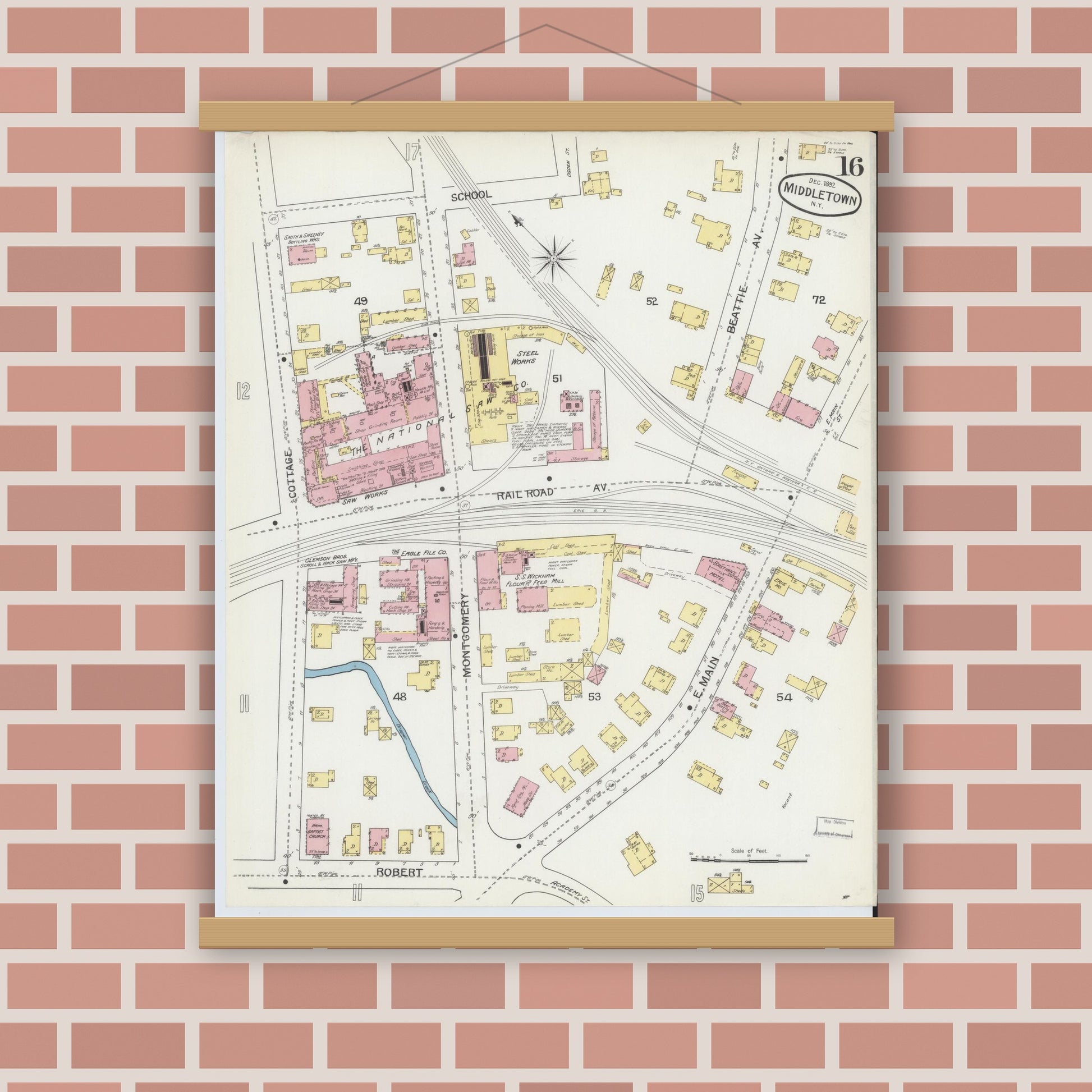 Old map wall art mockup — magnetic wood frame on brick wall — Sanborn Fire Insurance Map from Middletown, Orange County, New York (1892), Sheet #0016