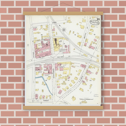 Old map wall art mockup — magnetic wood frame on brick wall — Sanborn Fire Insurance Map from Middletown, Orange County, New York (1892), Sheet #0016