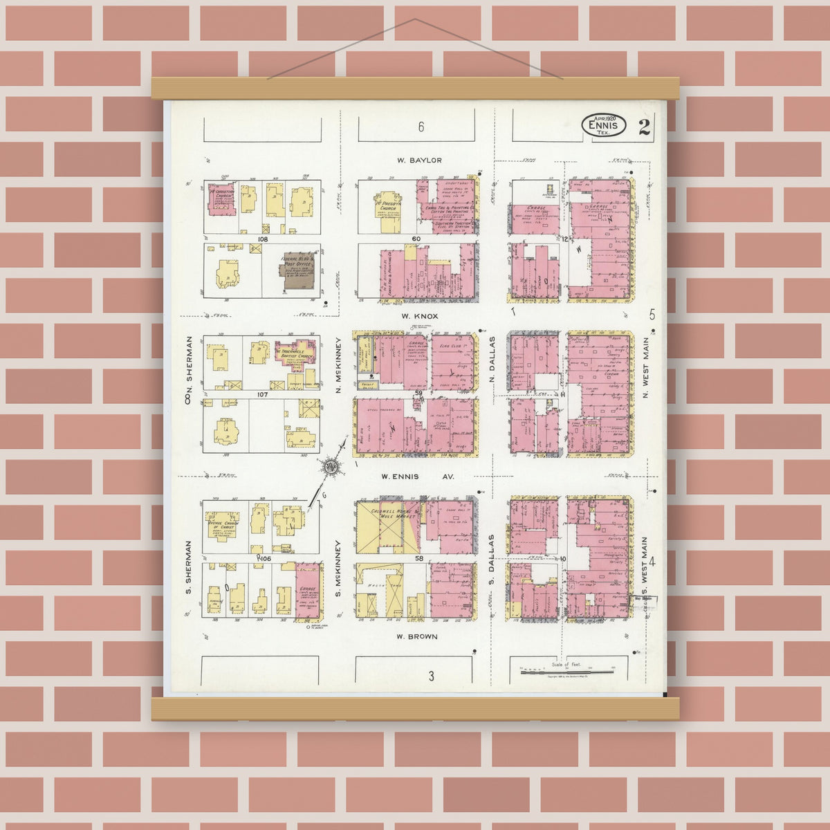 Old map wall art mockup — magnetic wood frame on brick wall — Sanborn Fire Insurance Map from Ennis, Ellis County, Texas (1920), Sheet #0002