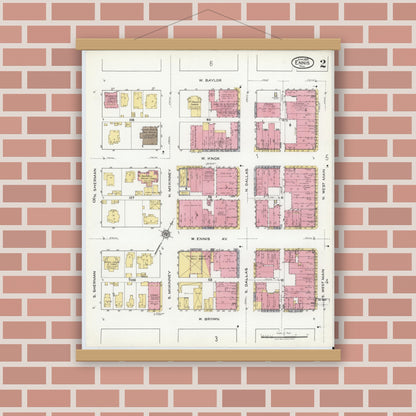Old map wall art mockup — magnetic wood frame on brick wall — Sanborn Fire Insurance Map from Ennis, Ellis County, Texas (1920), Sheet #0002