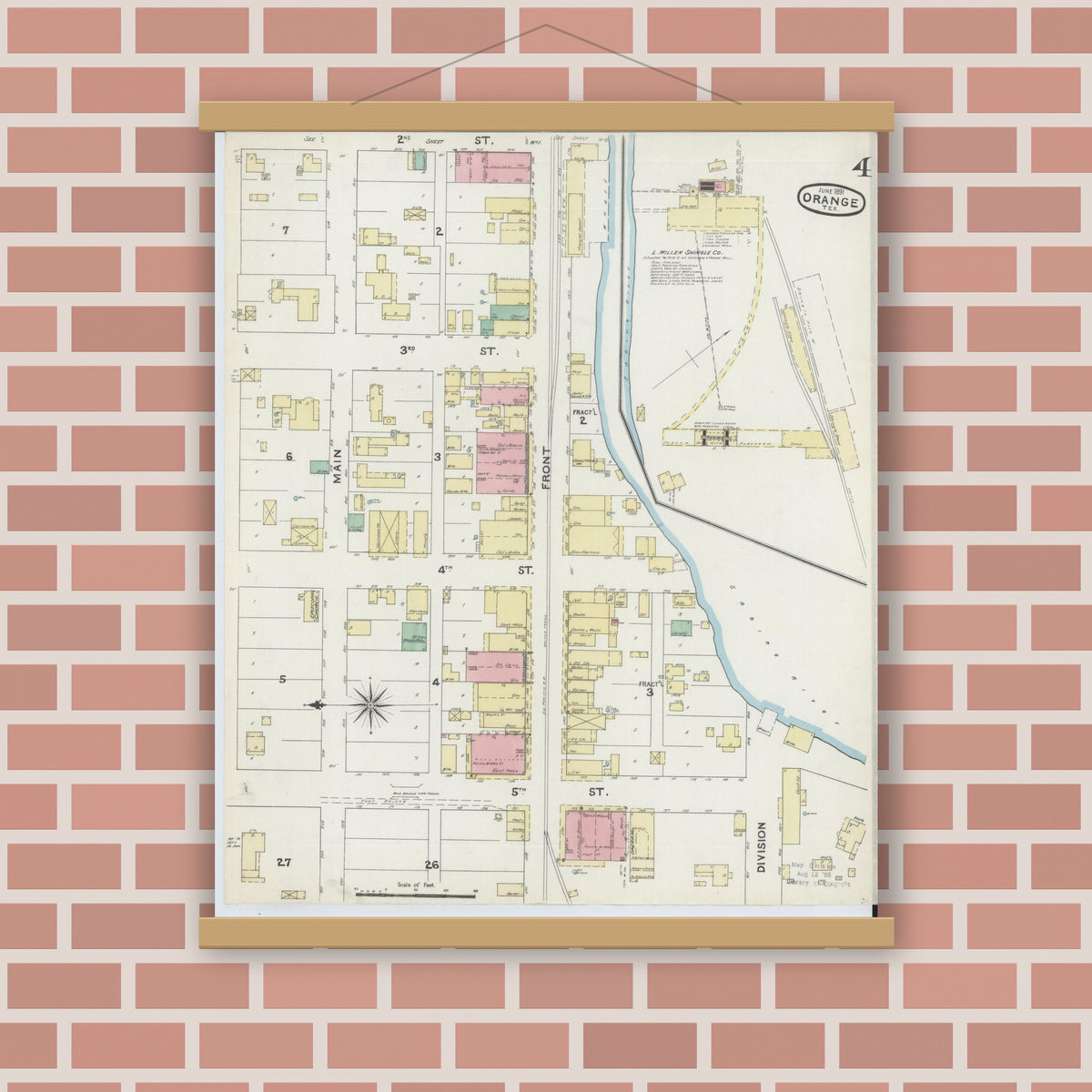 Old map wall art mockup — magnetic wood frame on brick wall — Sanborn Fire Insurance Map from Orange, Orange County, Texas (1891), Sheet #0004