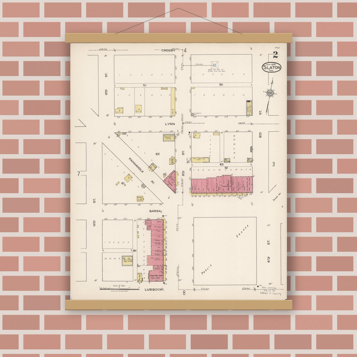 Old map wall art mockup — magnetic wood frame on brick wall — Sanborn Fire Insurance Map from Slaton, Lubbock County, Texas (1922), Sheet #0002