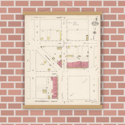 Old map wall art mockup — magnetic wood frame on brick wall — Sanborn Fire Insurance Map from Slaton, Lubbock County, Texas (1922), Sheet #0002