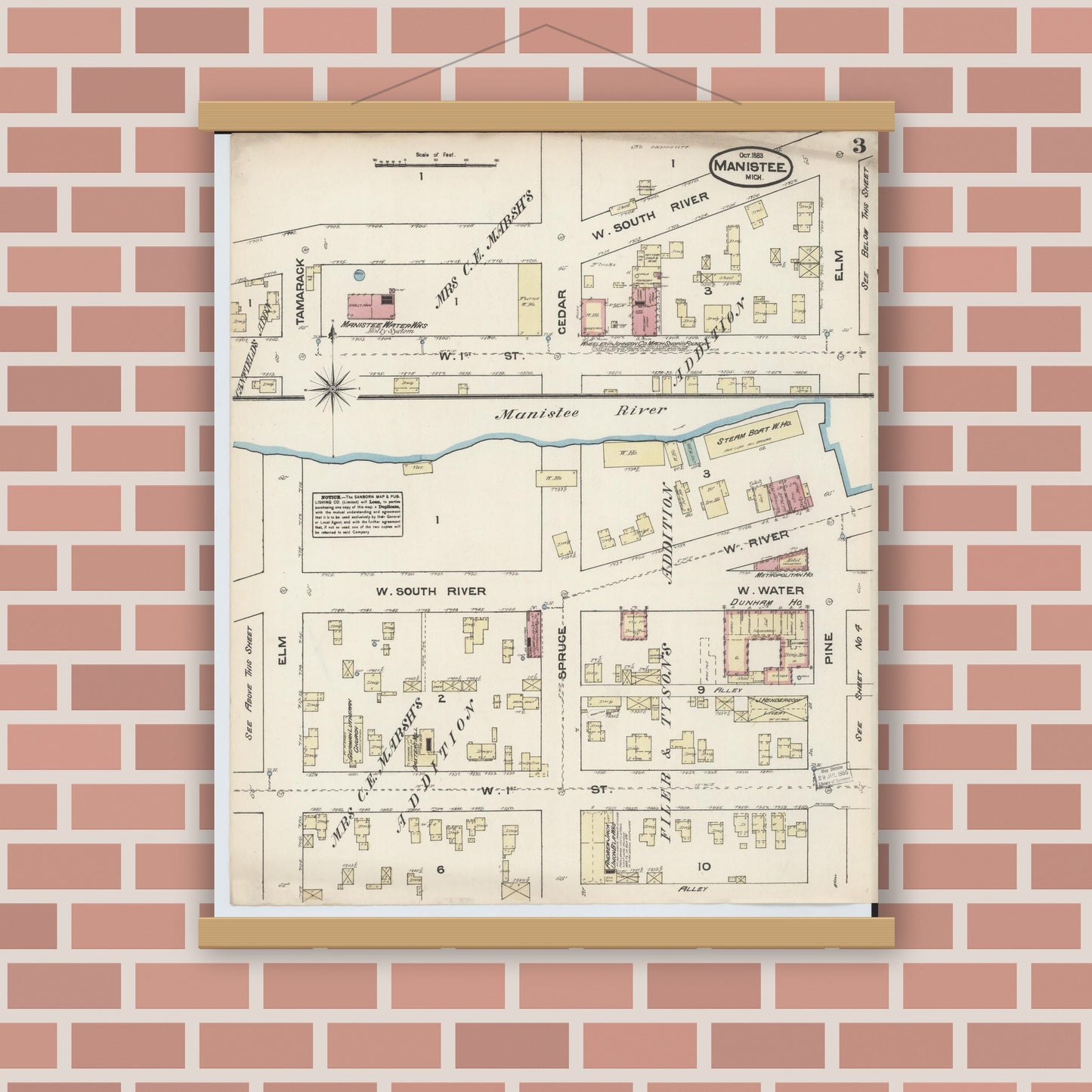 Old map wall art mockup — magnetic wood frame on brick wall — Sanborn Fire Insurance Map from Manistee, Manistee County, Michigan (1883), Sheet #0003