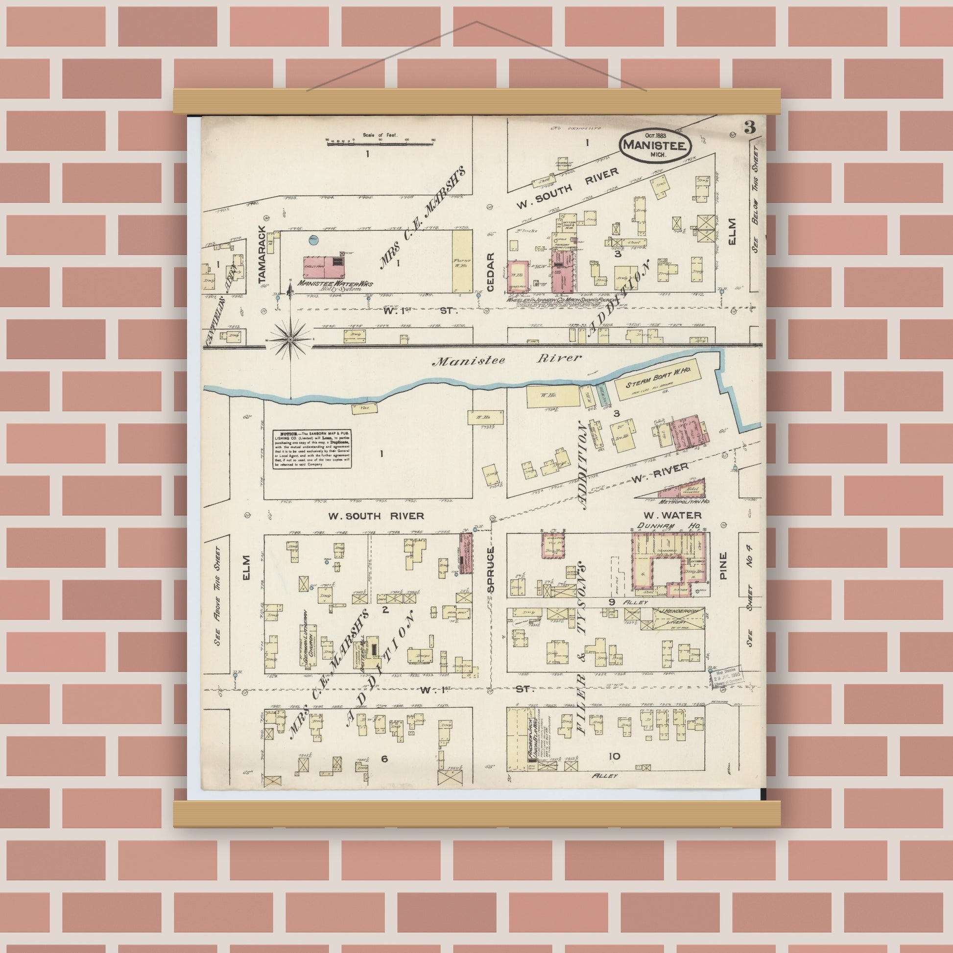 Old map wall art mockup — magnetic wood frame on brick wall — Sanborn Fire Insurance Map from Manistee, Manistee County, Michigan (1883), Sheet #0003