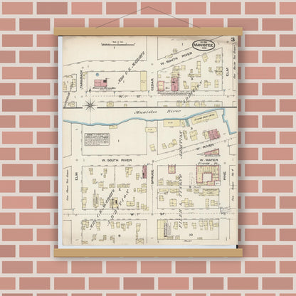 Old map wall art mockup — magnetic wood frame on brick wall — Sanborn Fire Insurance Map from Manistee, Manistee County, Michigan (1883), Sheet #0003