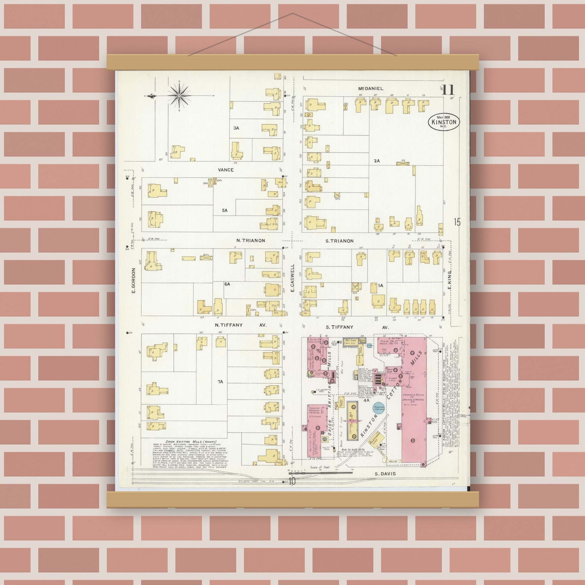 Old map wall art mockup — magnetic wood frame on brick wall — Sanborn Fire Insurance Map from Kinston, Lenoir County, North Carolina (1908), Sheet #0011