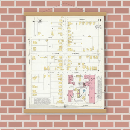 Old map wall art mockup — magnetic wood frame on brick wall — Sanborn Fire Insurance Map from Kinston, Lenoir County, North Carolina (1908), Sheet #0011