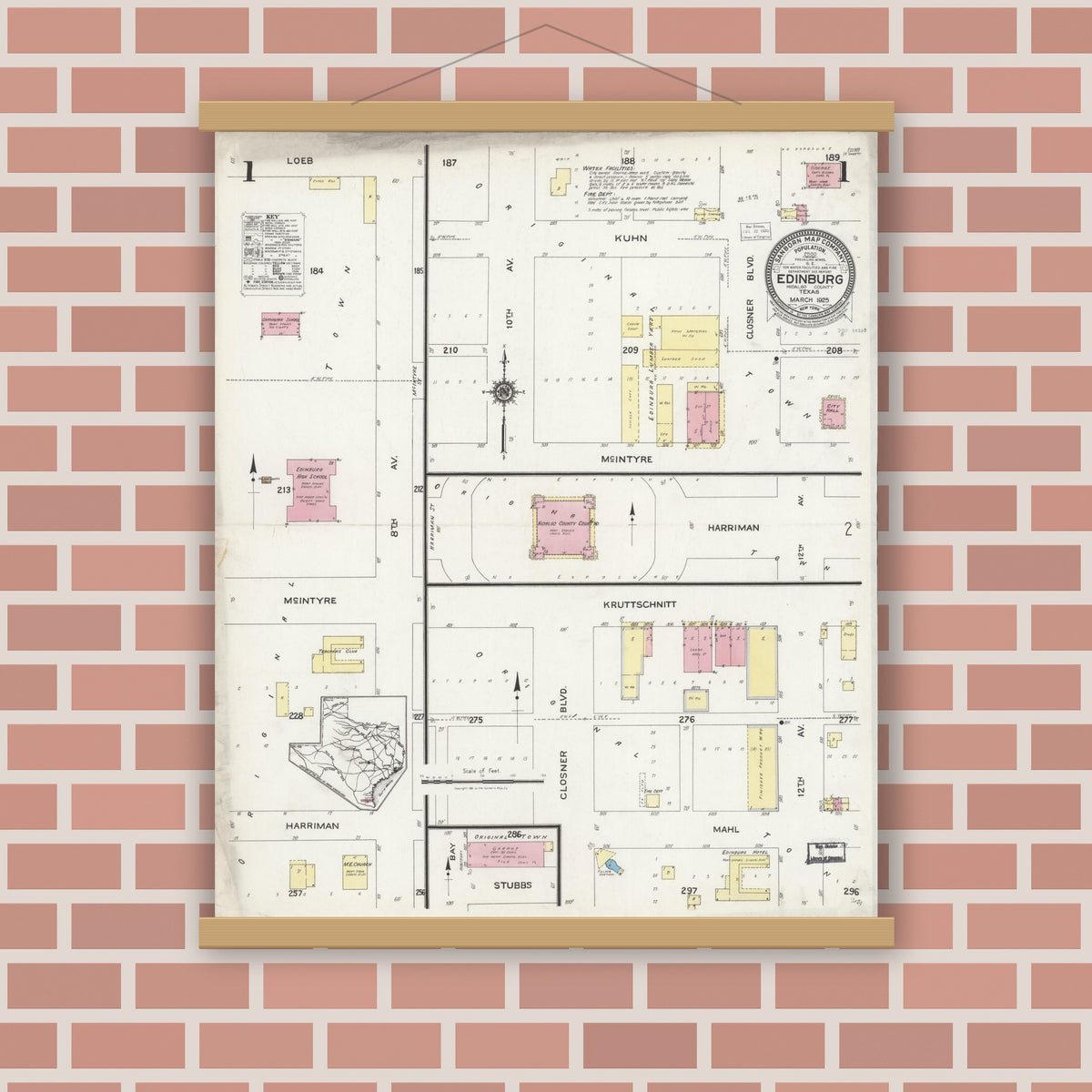 Old map wall art mockup — magnetic wood frame on brick wall — Sanborn Fire Insurance Map from Edinburg, Hidalgo County, Texas (1925) - Complete Map Set