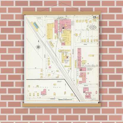 Old map wall art mockup — magnetic wood frame on brick wall — Sanborn Fire Insurance Map from Salem, Columbiana County, Ohio (1903), Sheet #0012