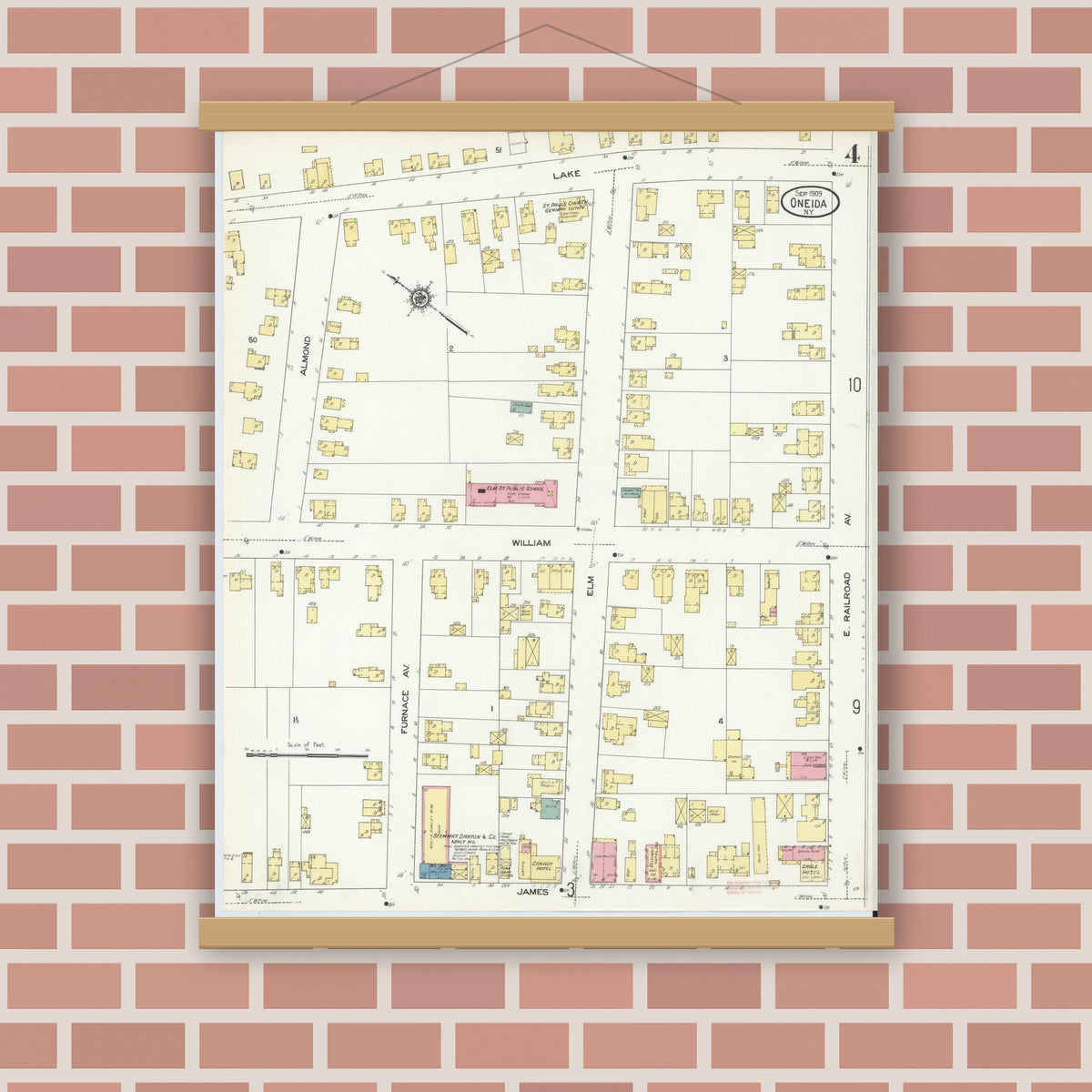 Old map wall art mockup — magnetic wood frame on brick wall — Sanborn Fire Insurance Map from Oneida, Madison County, New York (1909), Sheet #0004