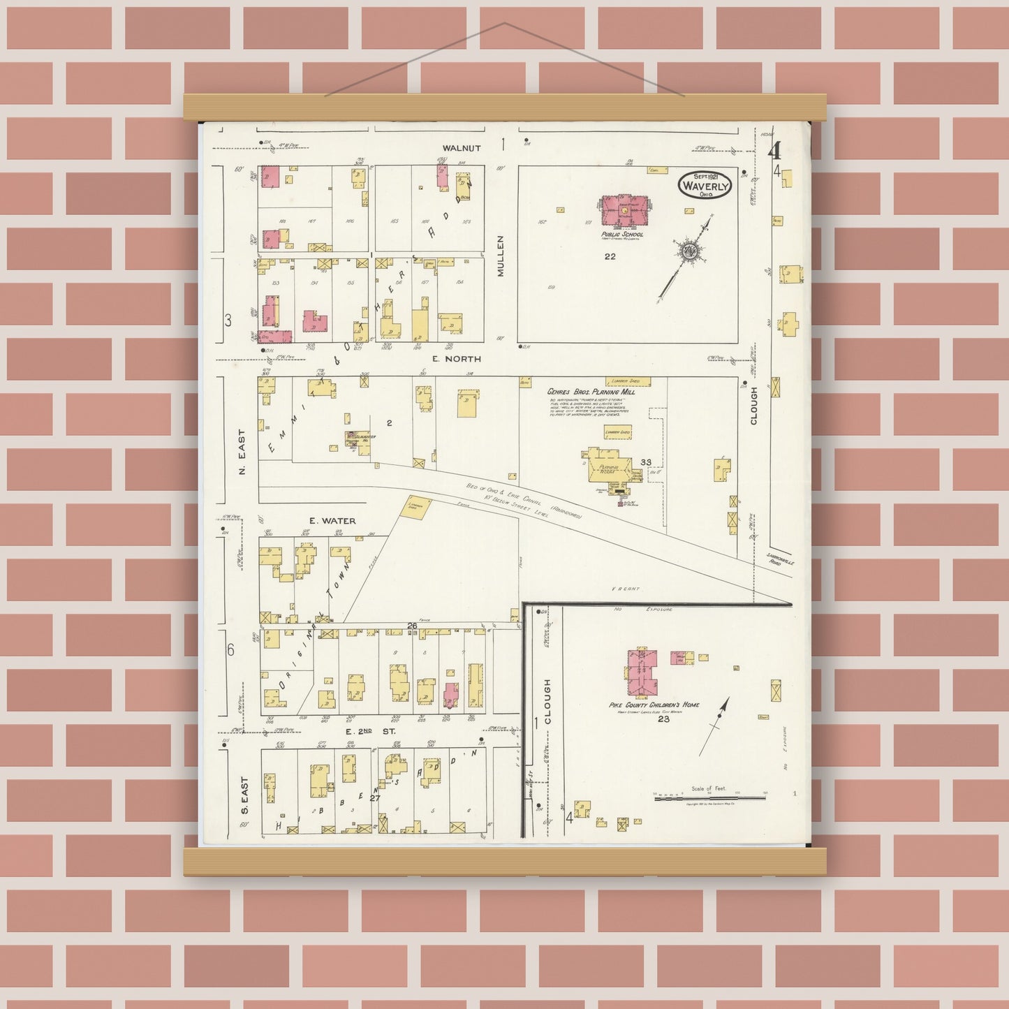 Old map wall art mockup — magnetic wood frame on brick wall — Sanborn Fire Insurance Map from Waverly, Pike County, Ohio (1921), Sheet #0004