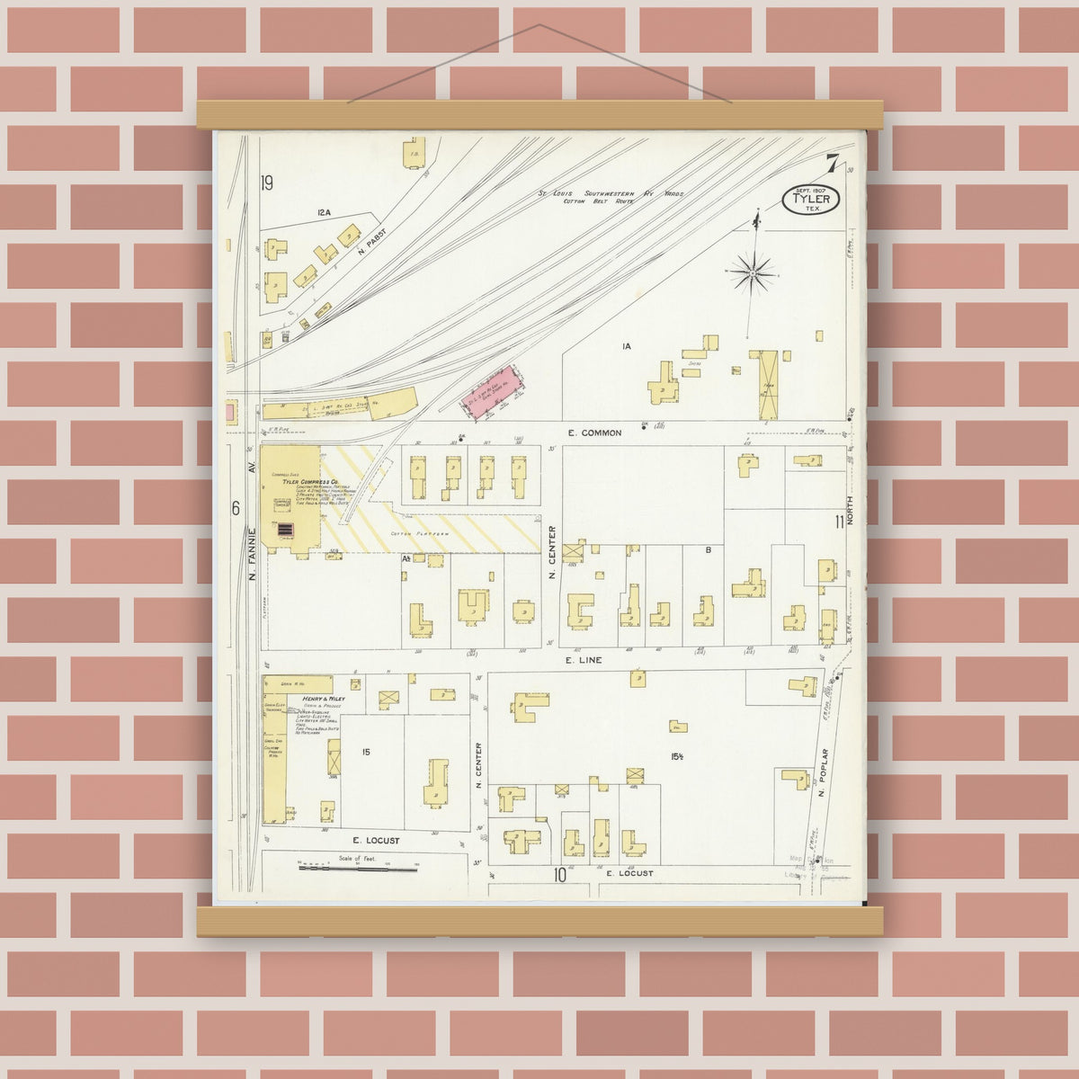 Old map wall art mockup — magnetic wood frame on brick wall — Sanborn Fire Insurance Map from Tyler, Smith County, Texas (1907), Sheet #0007