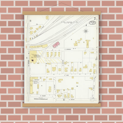 Old map wall art mockup — magnetic wood frame on brick wall — Sanborn Fire Insurance Map from Tyler, Smith County, Texas (1907), Sheet #0007