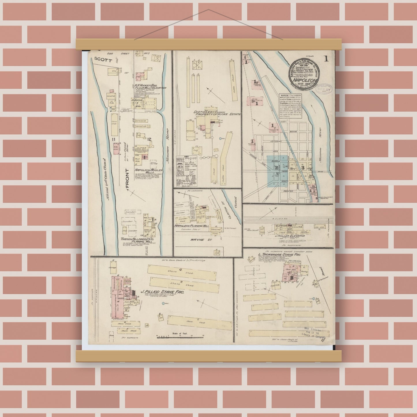Old map wall art mockup — magnetic wood frame on brick wall — Sanborn Fire Insurance Map from Napoleon, Henry County, Ohio (1884), Sheet #0001