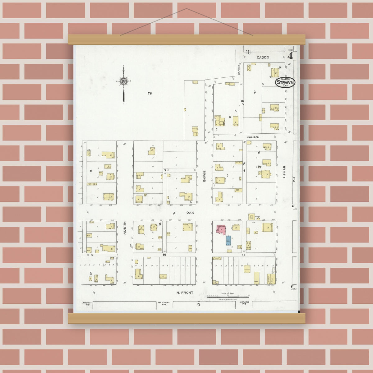 Old map wall art mockup — magnetic wood frame on brick wall — Sanborn Fire Insurance Map from Strawn, Palo Pinto County, Texas (1920), Sheet #0004