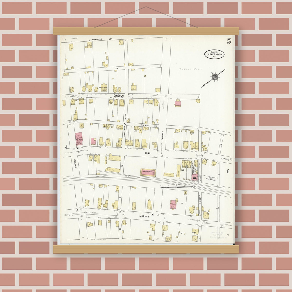 Old map wall art mockup — magnetic wood frame on brick wall — Sanborn Fire Insurance Map from Duncannon, Perry County, Pennsylvania (1911), Sheet #0005