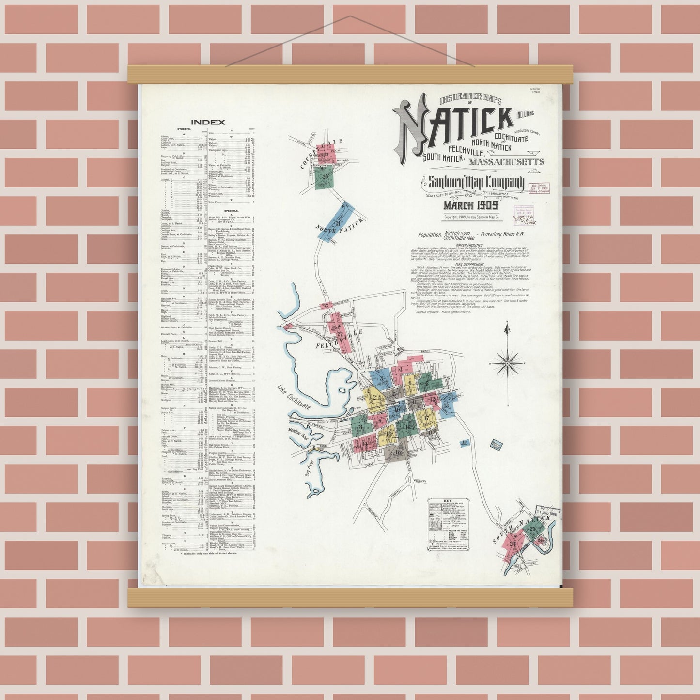 Old map wall art mockup — magnetic wood frame on brick wall — Sanborn Fire Insurance Map from Natick, Middlesex County, Massachusetts (1909), Sheet #0001